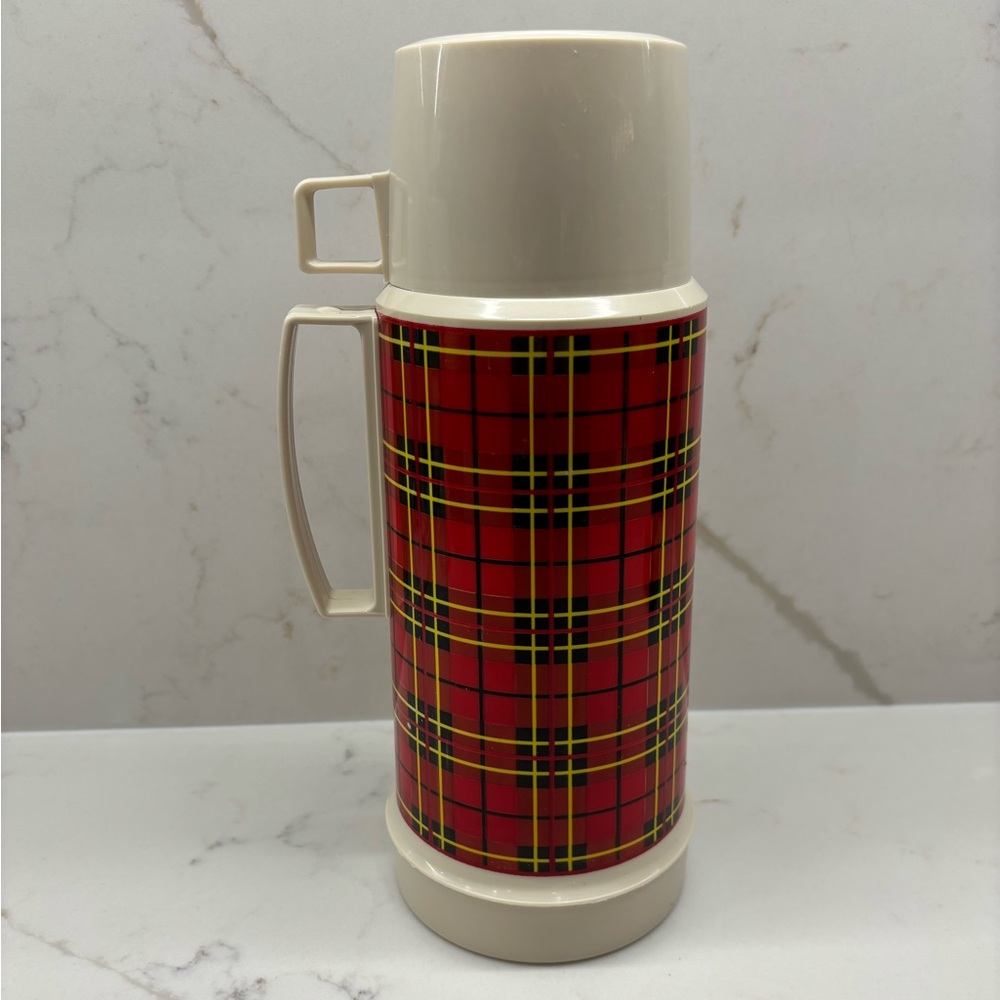 Vintage Retro 1970s Plaid Tartan Insulated Red Thermos Picnic Cottage Camping